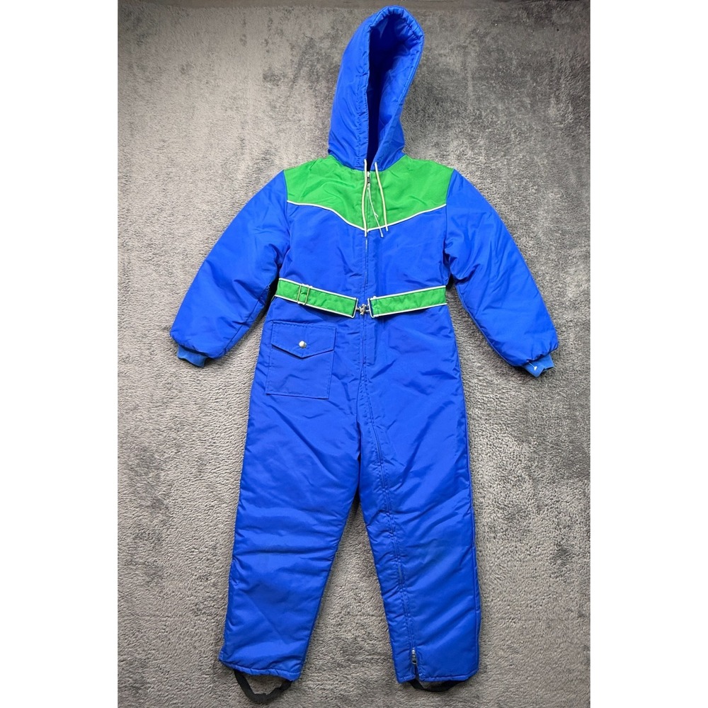 Vintage Sears Kids Ski Snow Bib Suit Size 10 Blue Green Hooded 80s 90s